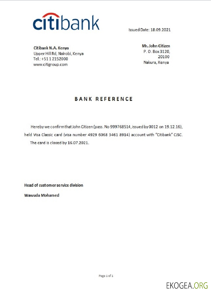 Référence Kenya , Citibank , closure